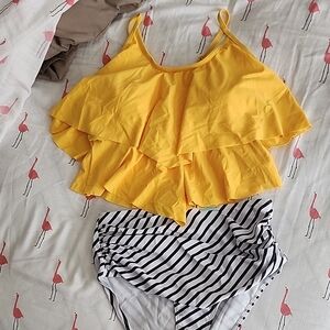 Yellow Ruffled Bikini Top with Striped Bottom